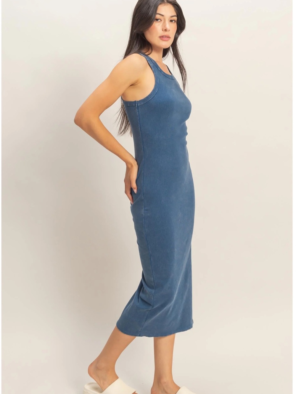 NEW Double Zero Navy Blue Ribbed Slit Midi Tank Dress Acid Wash Small - Picture 5 of 6